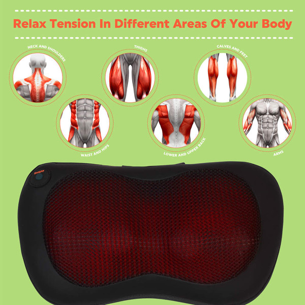 Black massage pillow with red mesh, shown as relieving tension in neck, shoulders, back, arms, thighs, calves and feet.