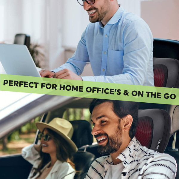 Massage seat cushion shown in home office chair and car seat, suitable for work or travel.