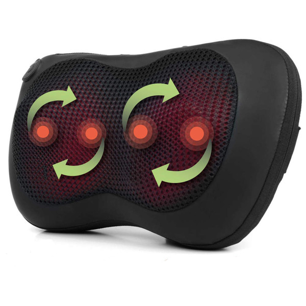 Black heated shiatsu massage pillow with visible rotating nodes for neck and back