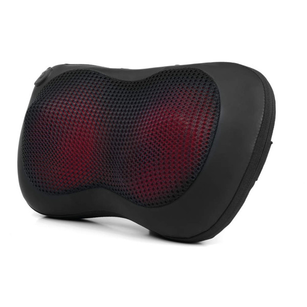 Black electric Shiatsu massage pillow with mesh cover, shown at an angle