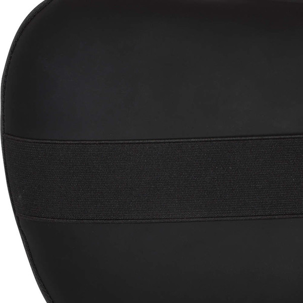 Close-up of black backpack with wide elastic band detail.