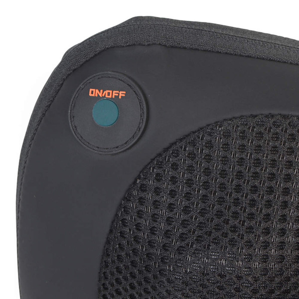 Black mesh electric massage pillow, ergonomically shaped for neck and back support