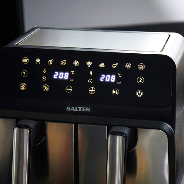 Salter dual air fryer with illuminated digital controls, showing both baskets and temperature display