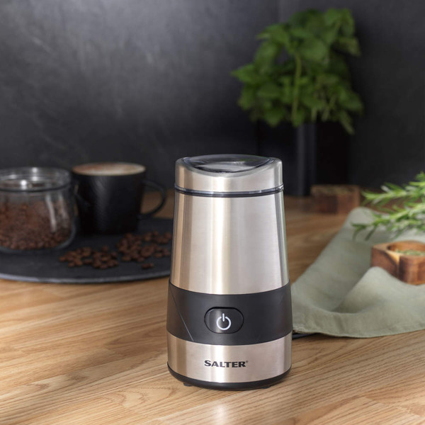 Salter stainless steel electric coffee grinder on wooden kitchen worktop