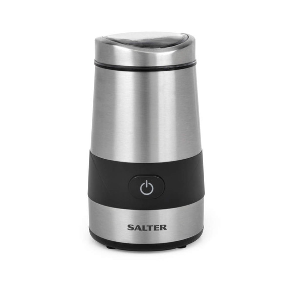 Silver electric coffee grinder with black accents, power button and Salter branding.