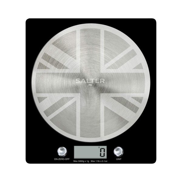 Black digital kitchen scale with brushed steel Union Jack platform, branded Salter.