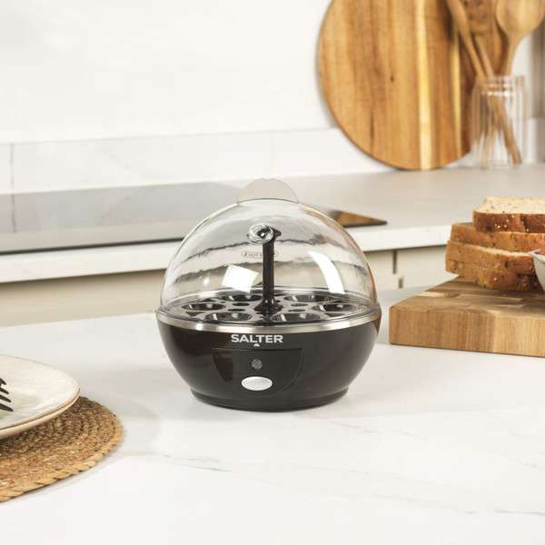 Salter black egg cooker with power button, partial close-up product image