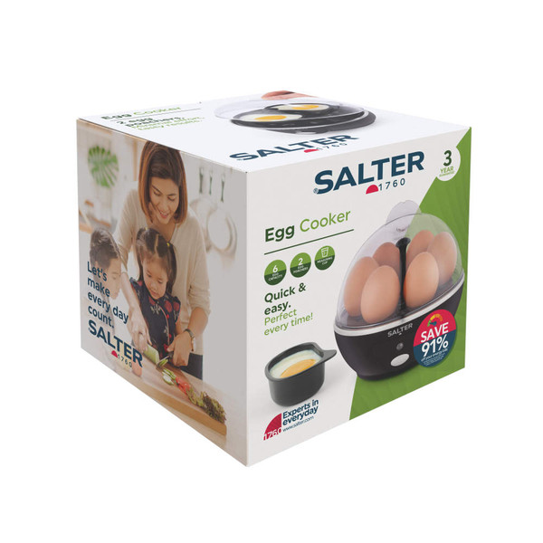 Salter egg cooker retail box showing appliance, six eggs, and key features.