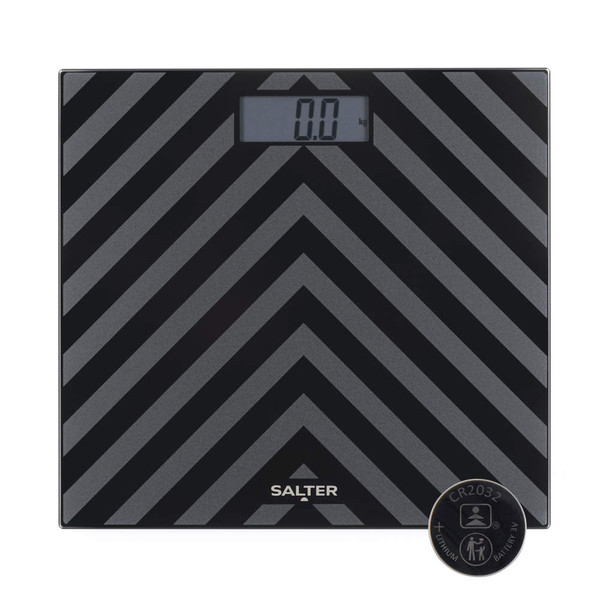 Black and grey digital bathroom scale with chevron pattern, Salter logo