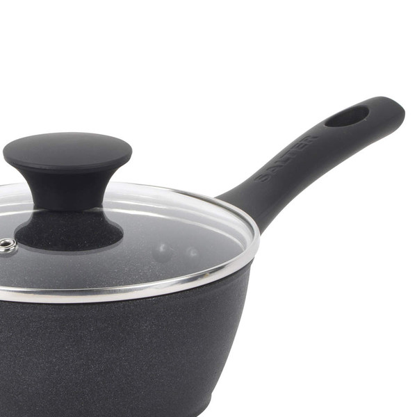 Black non-stick saucepan with glass lid and handle, shown at an angle