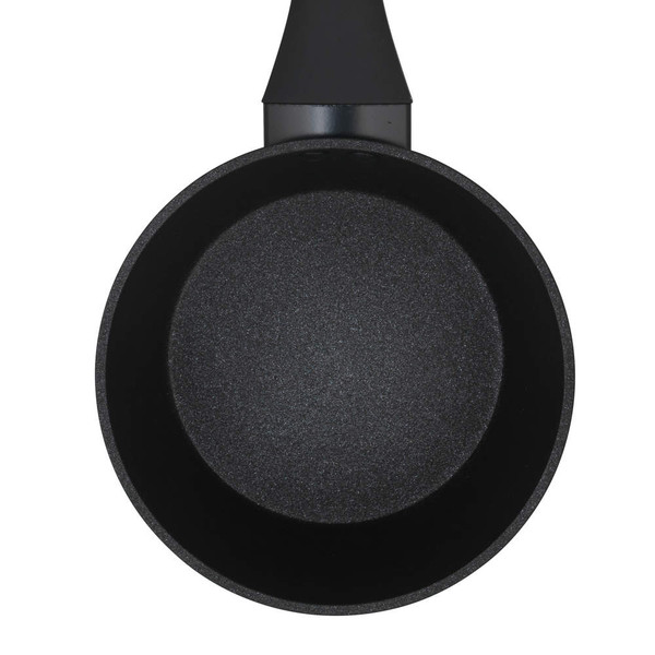 Black non-stick saucepan seen from above