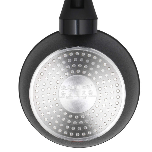 Underside of a black Salter frying pan showing a silver induction-compatible base.