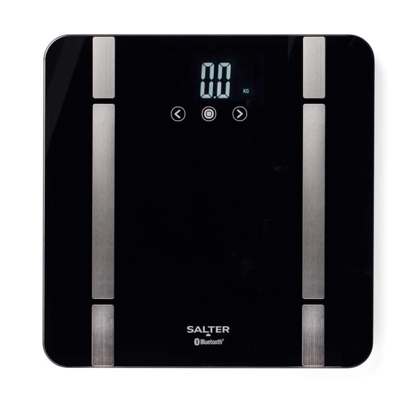 Black digital bathroom scale with Bluetooth and metal sensors, display shows 0.0 kg