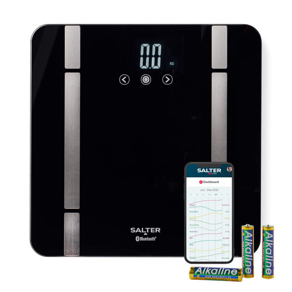 Black digital bathroom scale with Bluetooth, three AAA batteries, and a smartphone health app shown
