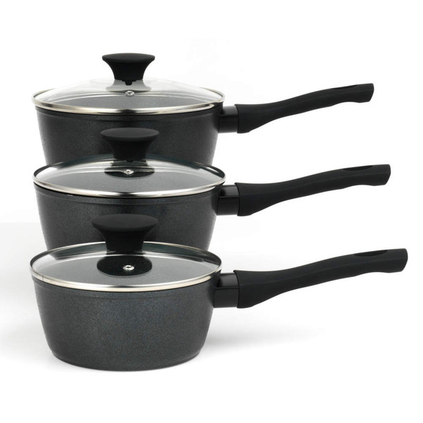 Set of three grey saucepans with glass lids and black handles, stacked side by side