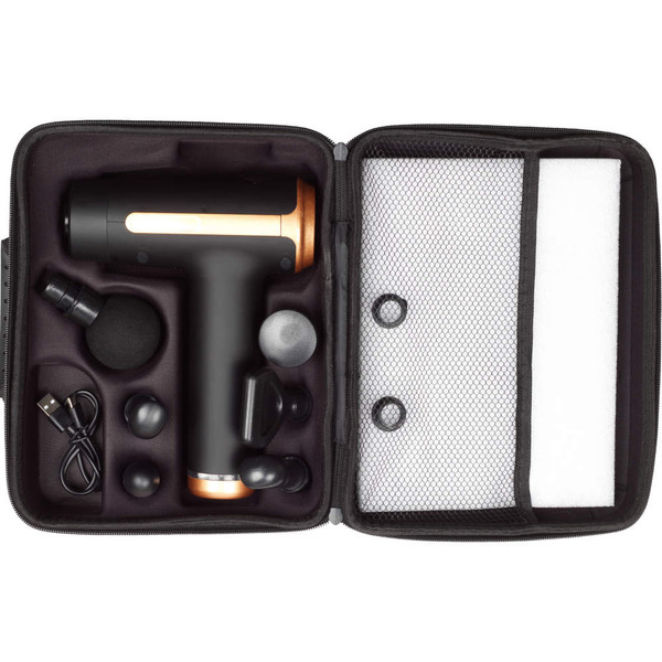 Black massage gun set with multiple attachments and USB cable in zipped carry case