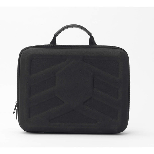 Black hard-shell carrying case with handle, shown closed, front-facing