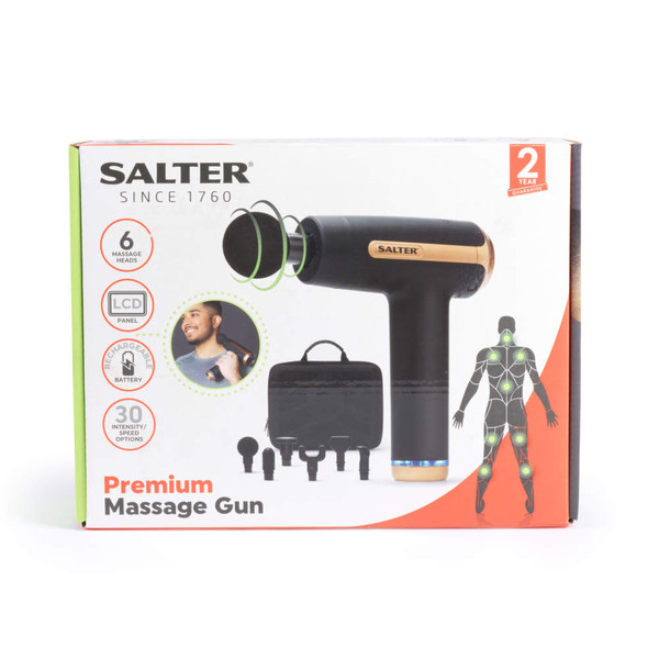 Salter premium massage gun packaging showing product, accessories, and usage diagram