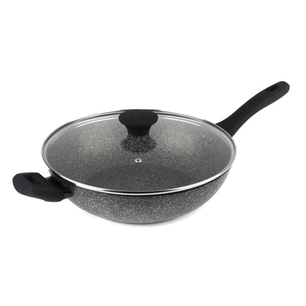 Grey speckled non-stick wok with glass lid and black handles
