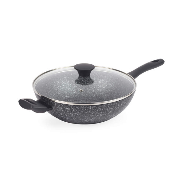Grey non-stick wok with glass lid and black handle, shown at angle