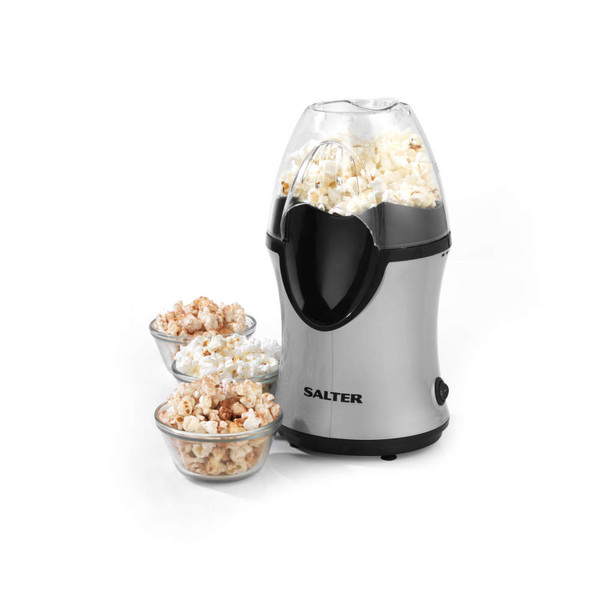 Silver Salter hot air popcorn maker with three bowls of popcorn, on white background
