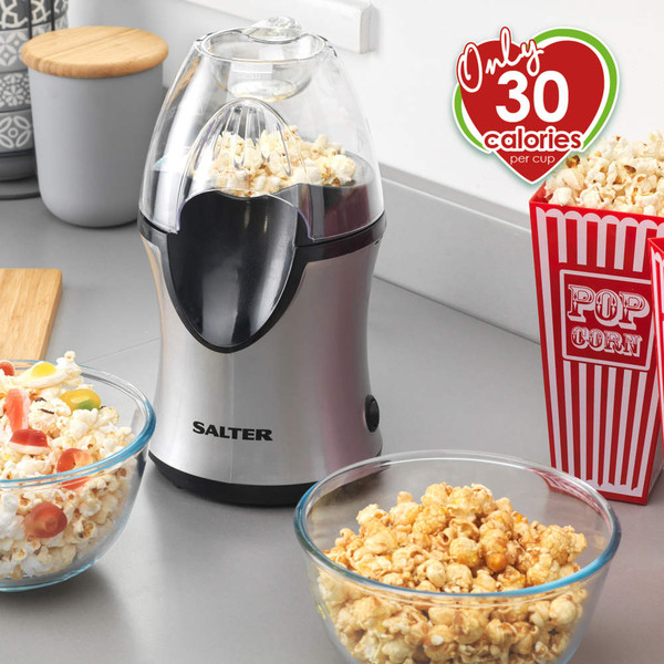 Salter hot air popcorn maker on kitchen counter with bowls of popcorn, UK offer: only 30 calories per cup