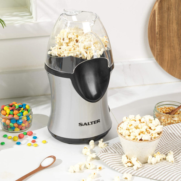 Salter hot air popcorn maker on kitchen counter with bowls of popcorn, UK offer: only 30 calories per cup