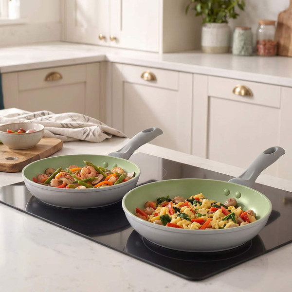 Set of four light green non-stick frying pans and grill pan on kitchen counter