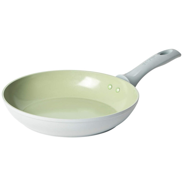 Light grey ceramic non-stick frying pan with pale green interior, shown from side angle.