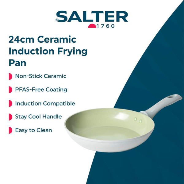 Non-stick frying pan with green interior on induction hob, cooking scrambled eggs and vegetables