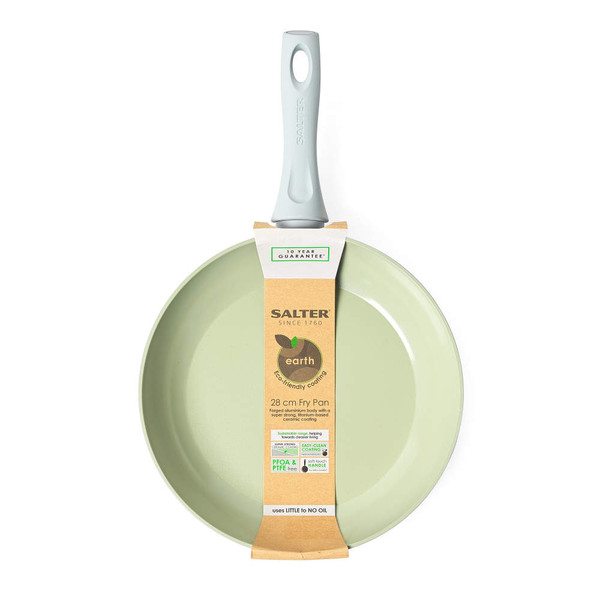 Green 28cm frying pan with eco-friendly ceramic coating, shown in packaging