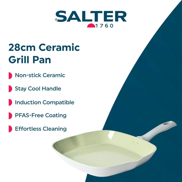 Square green non-stick grill pan with matching Salter frying and wok pans on wooden surface