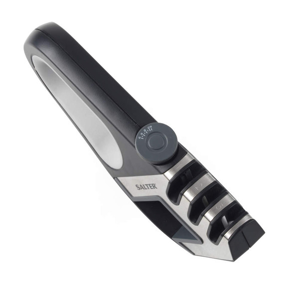 Black and silver manual knife sharpener with adjustable angle, angled side view