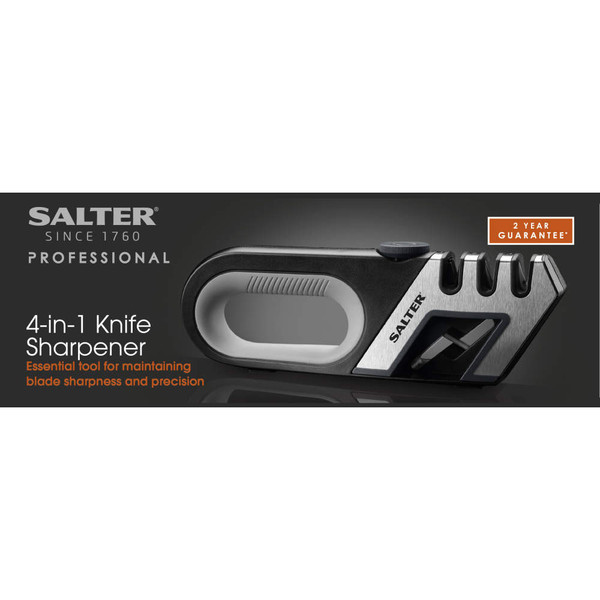 Salter 4-in-1 knife sharpener, black and silver, shown with 2 year guarantee banner