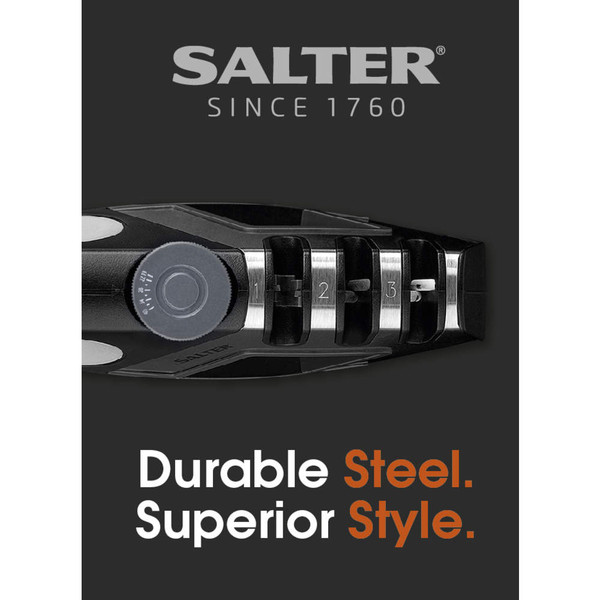 Salter knife sharpener product banner highlighting durable steel and stylish design.