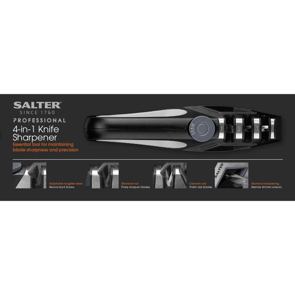 Salter 4-in-1 knife sharpener in black, showing sharpening slots and tool features