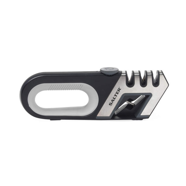 Salter manual knife sharpener, black and silver, shown from side