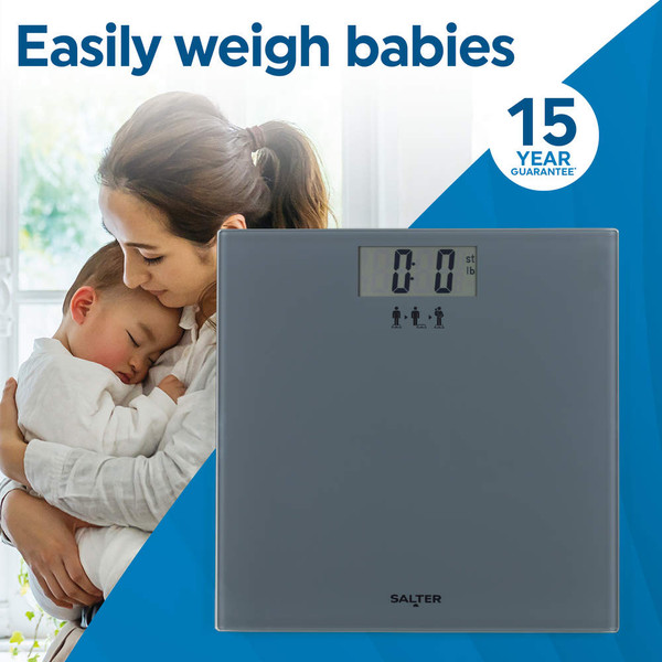 Promotional graphic showing Salter digital bathroom scale with guarantee for weighing babies.