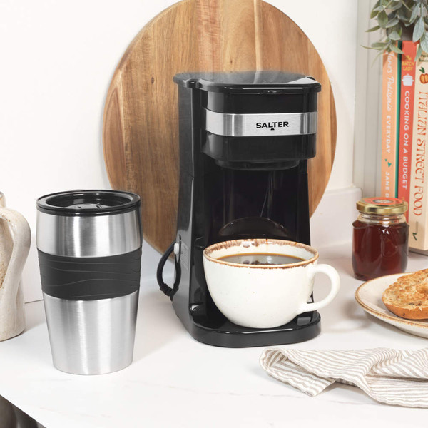 Black Salter filter coffee machine with mug and travel cup on kitchen counter