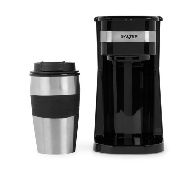 Single-serve black coffee machine with travel mug, shown on white background