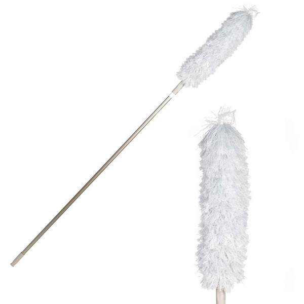 White extendable fluffy duster, close-up shown, for cleaning high surfaces