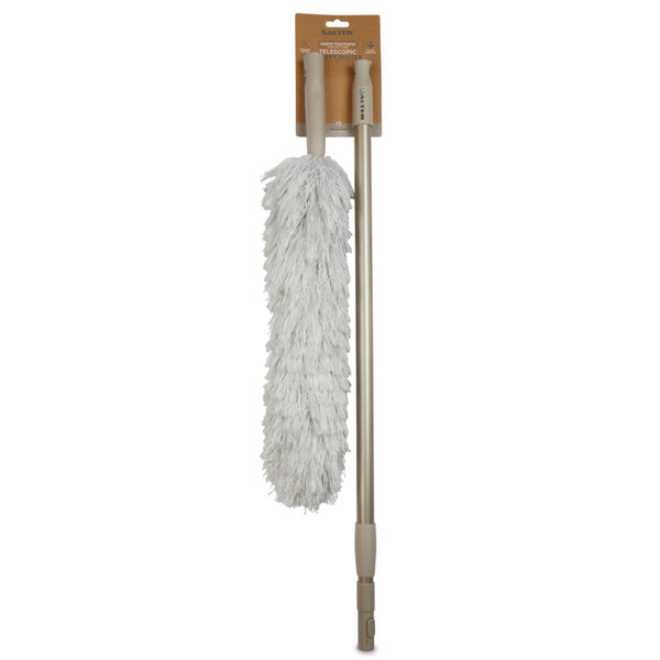 Telescopic white fluffy duster with beige handle, shown in retail packaging.