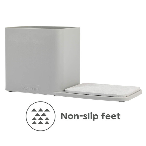 Grey kitchen utensil holder with non-slip feet feature shown
