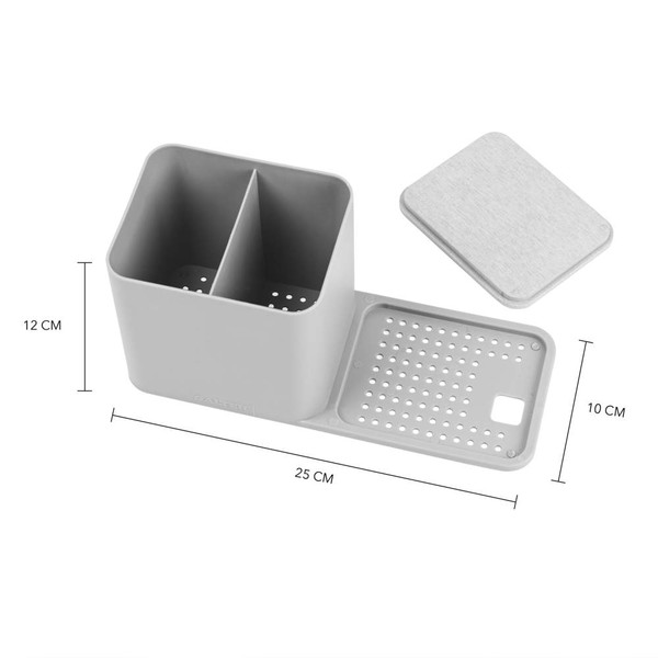 Grey plastic sink caddy with two compartments and removable drip tray, shown with dimensions.