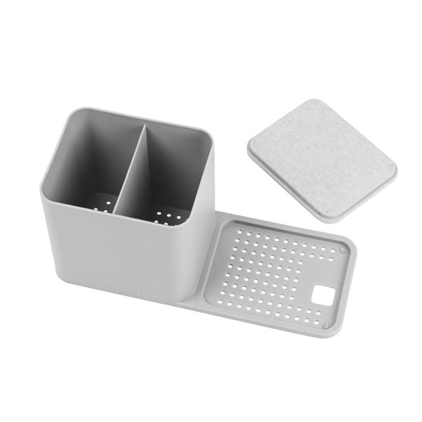Grey plastic sink tidy with two compartments, removable tray, and draining holes.
