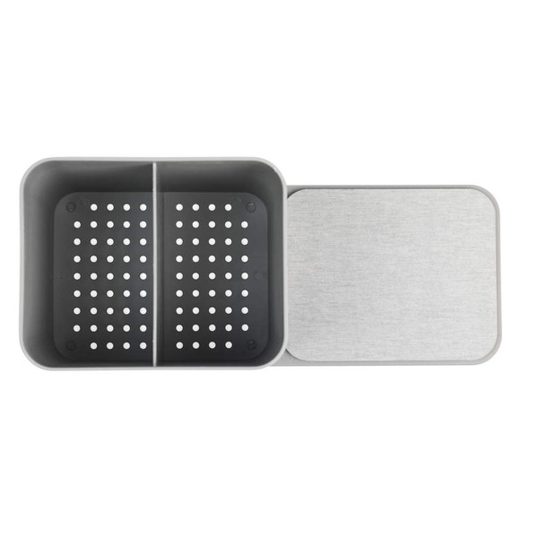 Grey plastic cutlery and utensil organiser with sliding lid, divided and perforated for draining.