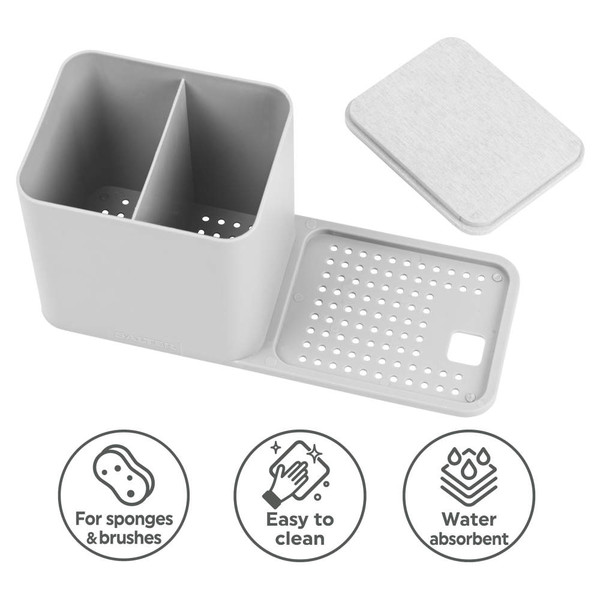 Grey plastic cutlery and utensil organiser with sliding lid, divided and perforated for draining.