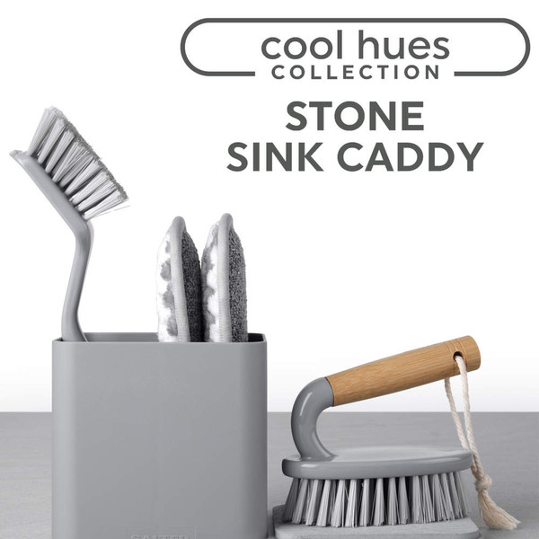 Stone grey sink caddy set with washing up brush, scrubbing brush, and sponges.