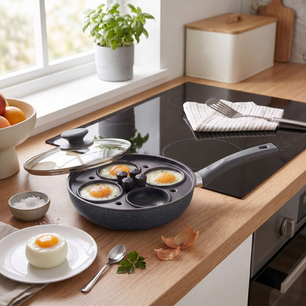 Non-stick egg poaching pan with four sections and glass lid on kitchen hob