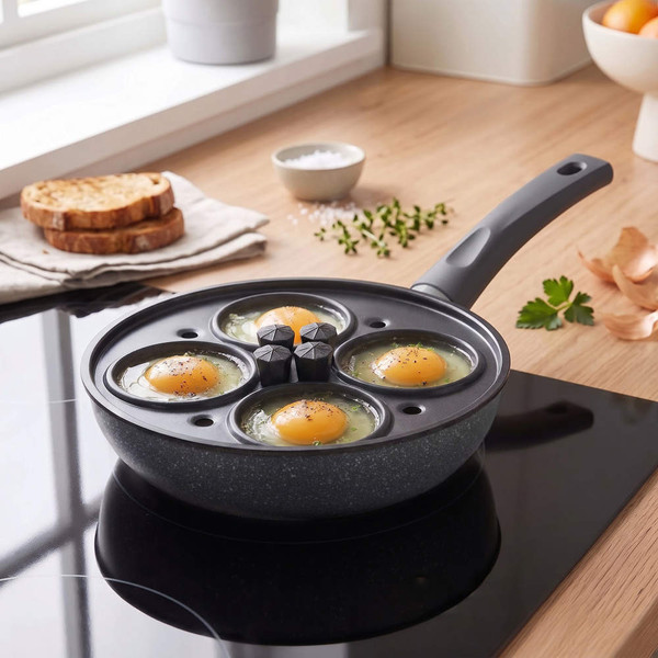 Non-stick frying pan with four-egg poacher insert on hob, eggs cooking
